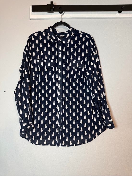 Talbots Tops - Talbots Women's Navy Blue Pineapple Print Button Up Shirt 1X Cotton Long Sleeve